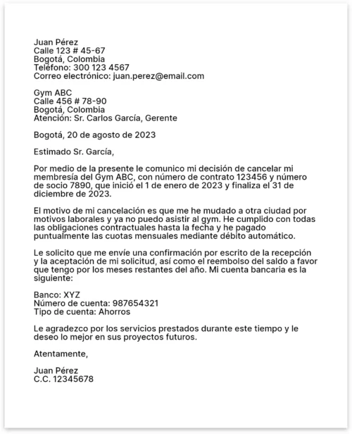 Carta de cancelaci&oacute;n de membres&iacute;a del GYM
