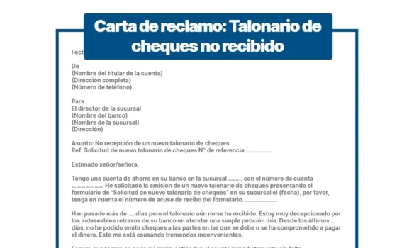 Carta de reclamación: Talonario de cheques no recibido