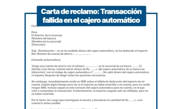 Carta de reclamación al banco: Transacción fallida en el cajero automático