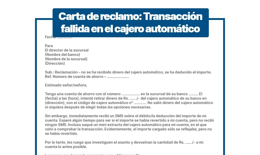 Carta de reclamación: Talonario de cheques no recibido