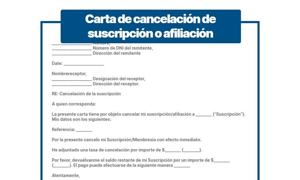 Carta de cancelación de suscripción o afiliación