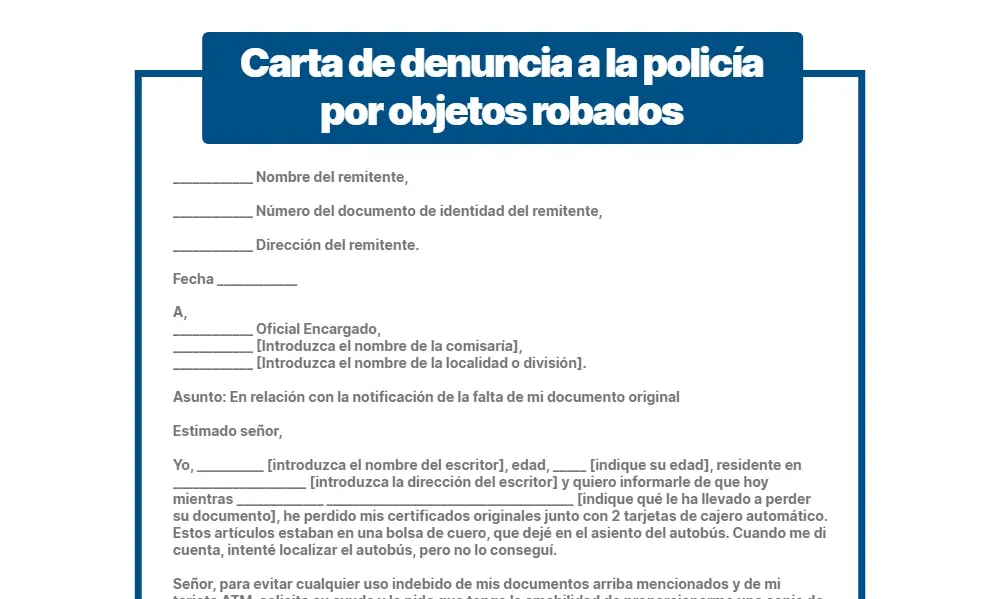 Carta de denuncia a la policía por objetos robados