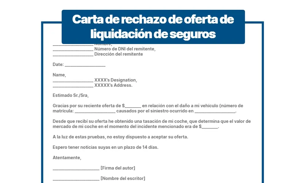 Carta de rechazo de oferta de liquidación de seguros