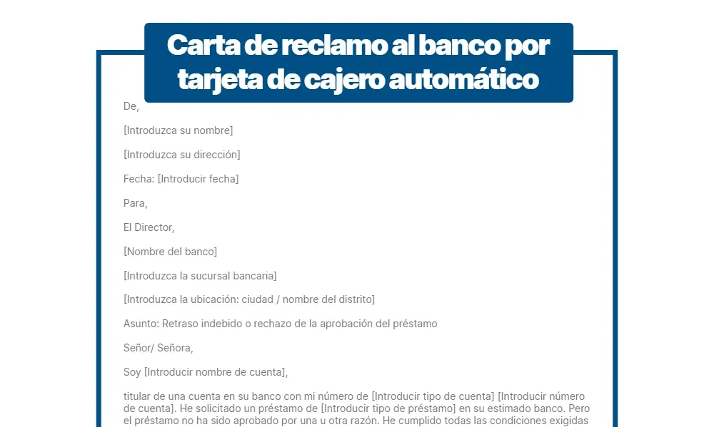 Carta de reclamación al banco por no funcionar la tarjeta de cajero automático