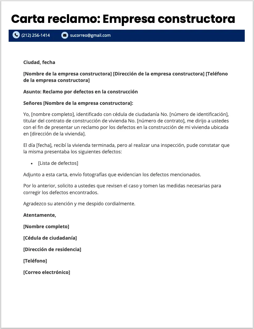 Ejemplo de carta de reclamo a empresa constructora