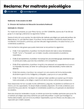 Ejemplo de carta de reclamo a un profesor por maltrato psicológico