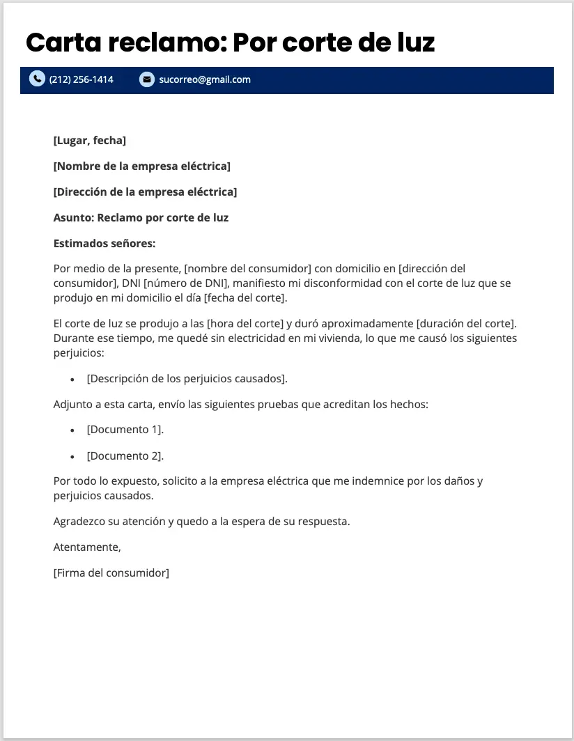 Ejemplo de carta de reclamo por corte de luz