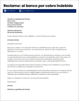 Carta de reclamo al banco por cobro indebido