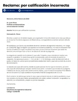 Modelo de carta de reclamo a un profesor por calificación incorrecta
