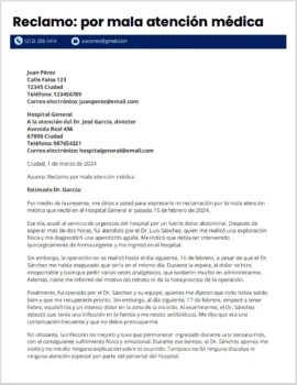 Carta de reclamo por mala atención médica